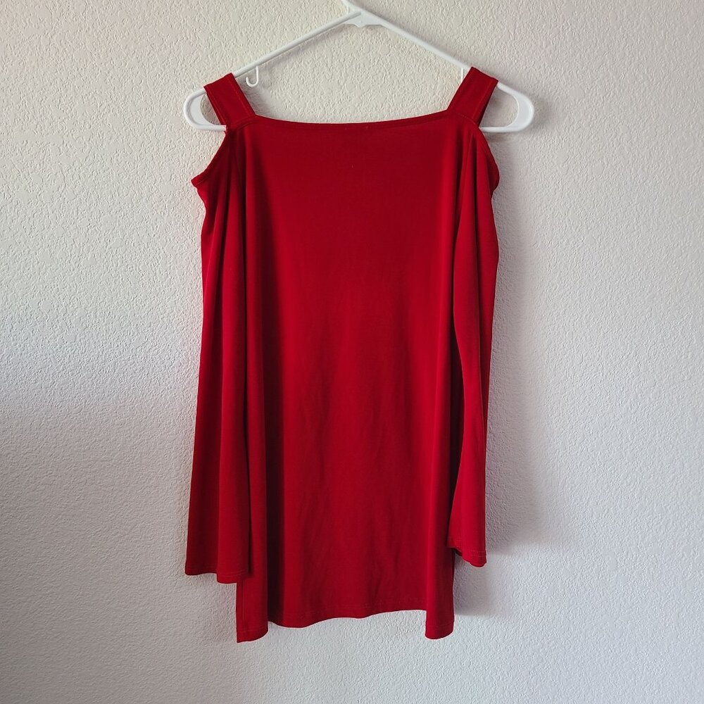 Clara Sun Woo US Women's Sz S Bell Sleeve Cold Shoulder Red Blouse Top USA Made - Picture 4 of 9